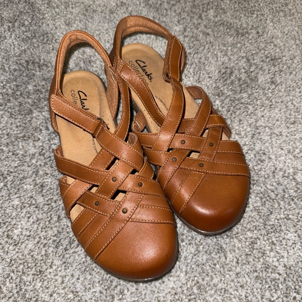 Clarks Tan Leather Strappy Flats